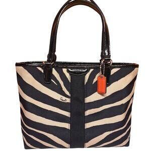 Coach signature zebra print top handles tote mini bag Y2K tan/black handbag
